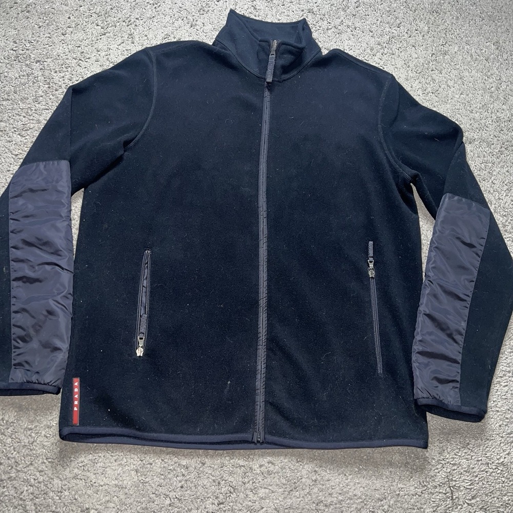 Vintage Prada Sport Jacket Mens XXL Black Fleece Hoodie Full Zip Up Nylon 2XL